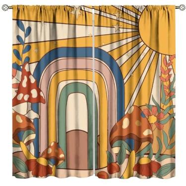 Imagem de Cortinas vintage descoladas, hippie boho colorido anos 60 anos 70 abstrato geométrico cogumelo floral arco-íris luz do sol tratamentos de janela estrela, cortinas blackout com bolso para varão para