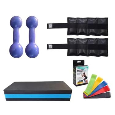 Imagem de Kit Treino em Casa com Halteres 2kg, Step 60cm, Peso para Perna 2kg, Faixa Elástica Miniband, Conjunto Fitness Completo