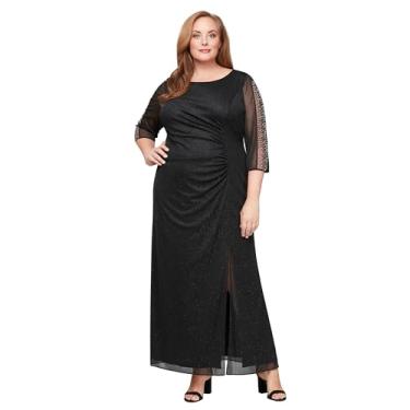 Imagem de S.L. Fashions Vestido feminino longo comprimento franzido cintura formal mãe do vestido com contas ilusão 3/4 mangas (tamanho grande), Preto com fenda frontal, 50