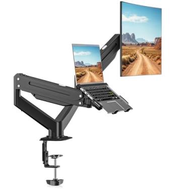 Imagem de suptek Suporte para monitor de laptop, braços duplos ajustáveis para mesa para notebook de 11 a 17 polegadas e monitor de 17 a 81 polegadas, suporte de monitor 2 em 1 com bandeja de laptop, suporta