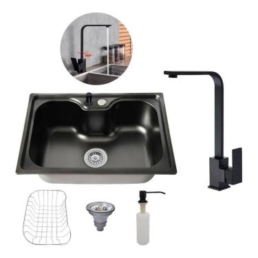 Imagem de Kit Cuba Cozinha Gourmet Aço Inox 60X42 Torneira Slim Preto