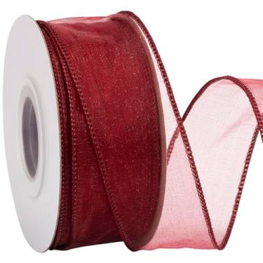 Imagem de Zofrud Fita com fio de organza bordô de 3,5 cm – Fita transparente de 20 metros com borda metálica para embrulho de presente, laços, arranjos florais, artesanato e decorações de casamento