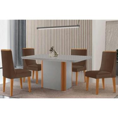 Imagem de Conjunto Sala de Jantar Pietá c/ Tampo Madeirado c/ Vidro Canto Curvo 120x80cm e 4 Cadeiras Dakota Madeira Maciça Naturale/Off White - Suede Marrom-Ru