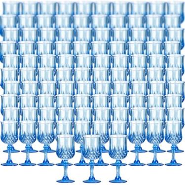 Imagem de XKXKKE 100 peças de taças de vinho de plástico azul, taças de água de plástico para festas, copos de bebida com haste para recepção de casamento, suprimentos de bar de festa para grandes eventos