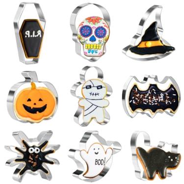 Imagem de Conjunto de cortadores de biscoito para Halloween da Kaissane, conjunto com 10 peças de cortadores de biscoito em aço inoxidável, abóbora, morcego, fantasma, gato, aranha, teia de pão de gengibre, homem de gengibre, vassoura, cabeça de bruxa, caveira