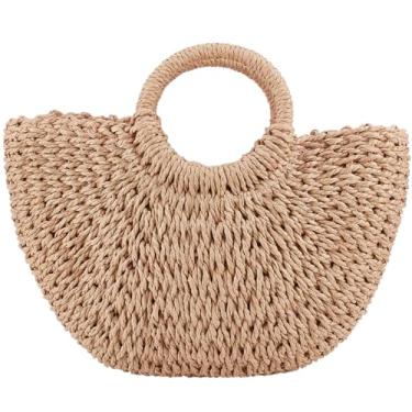 Imagem de GORGECFAFT Bolsa de palha semicírculo, bolsa de verão, bolsa de ombro feita à mão, grande, de palha, feminina, de tecido de vime, bolsa de praia com alça redonda para mulheres, viagens, férias