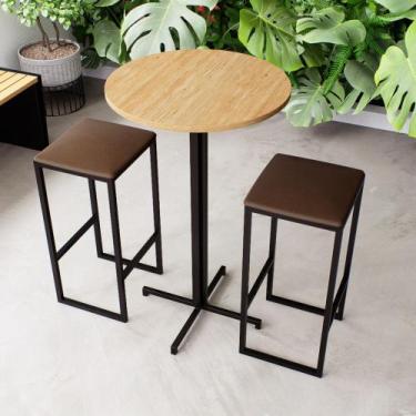 Imagem de Conjunto Mesa Alta Bar Bistrô Redonda Pinus 2 Bancos Estofado Industri