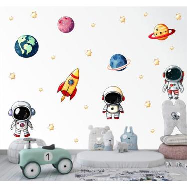 Imagem de Adesivo de Parede Infantil Astronautas e Foguetes Aquarela - Colakoala