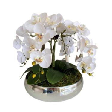 Imagem de Arranjo 4 Flores De Orquídeas Brancas Vaso Prateado Grande - La Caza S