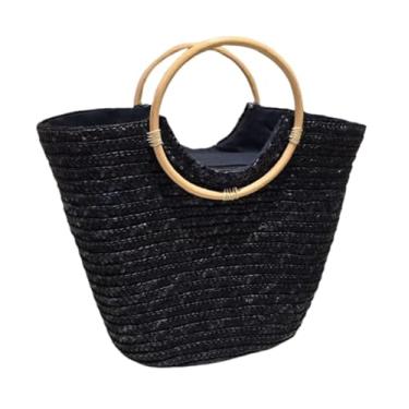 Imagem de Bolsa de Praia em Palha Trançada, Alças de Madeira, Design Cesta Artesanal Praia Piscina, 39 x 29 x 16 cm (Preto)
