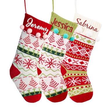 Imagem de Meias de Natal personalizadas de tricô bordado clássico ornamento familiar grande lareira meias decoração de casa árvore de Natal pendurada festa de férias para crianças sacos de presente de doces