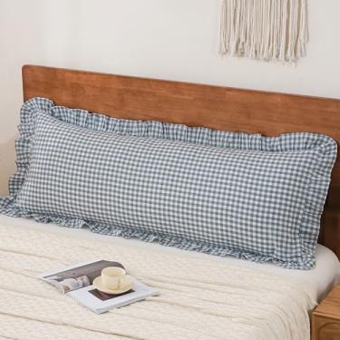 Imagem de YHJWW Capa de travesseiro de corpo com babados azul guingão 100% algodão lavado como linho macio e confortável 1 pacote capa de almofada decorativa xadrez xadrez fofa (50 x 137 cm, fecho de envelope)