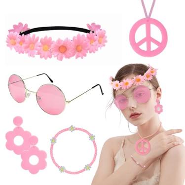 Imagem de HyperFun Conjunto de acessórios de fantasia hippie, colar de sinal de paz, óculos de sol, brincos de faixa de cabeça de flor para festa dos anos 60 e 70 anos
