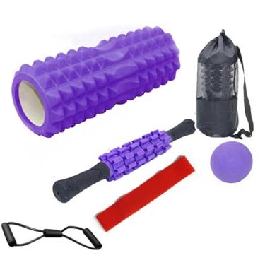 Imagem de Kit 5 em 1 Liberação Miofascial Profissional: Rolo de Espuma + Bastão Massageador + Faixa Elástica + 1 Bolas Terapêuticas + Sacola (Alívio de Dores Musculares) (roxo)