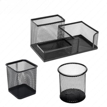 Imagem de Porta Caneta Organizador de Mesa Escritório 5 Compartimentos Metal Aramado C/Divisórias Para Lápis Treco Borracha(Kit 3 Organizadores)