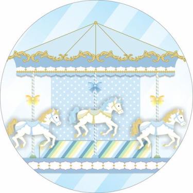 Imagem de Painel de Tecido Sublimado Redondo Carrossel Azul Trio de Cavalos c/ E