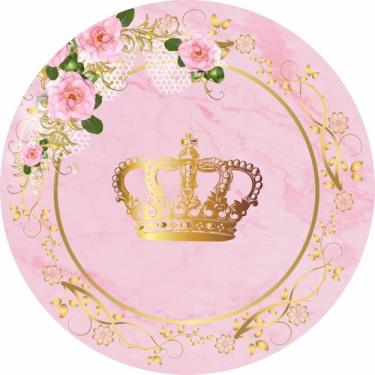 Imagem de Painel de Lona Redondo Realeza Menina Coroa e Flores Rosa - Fabrika De