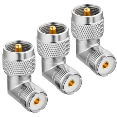 Imagem de PL259 Ângulo reto, pacote com 3 adaptadores de conector coaxial UHF macho para fêmea, cotovelo de 90 graus para antena de rádio amador CB, cabo coaxial