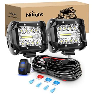 Imagem de Nilight Conjunto de 2 peças de luzes triplas de 10 cm, ponto de inundação de 60 W, barra de 6000 lm, barco, caminhões off-road com 12 V On/Off 5 pinos, kit de chicote de fiação 16AWG, 2 condutores