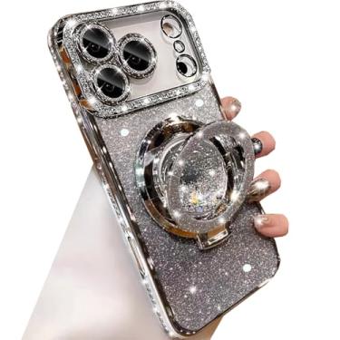 Imagem de Changjia Capa com suporte de glitter para iPhone Pro Max, luxuosa, brilhante, diamante, strass, com protetor de câmera, anel de fluxo líquido, suporte de TPU (poliuretano termoplástico), capa feminina