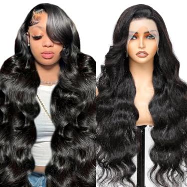 Imagem de Peruca de cabelo humano ondulado frontal com renda frontal de 13 x 4 HD para mulheres 180% de densidade de cabelo virgem brasileiro pré-arrancado sem cola peruca ondulada preta natural 86 cm