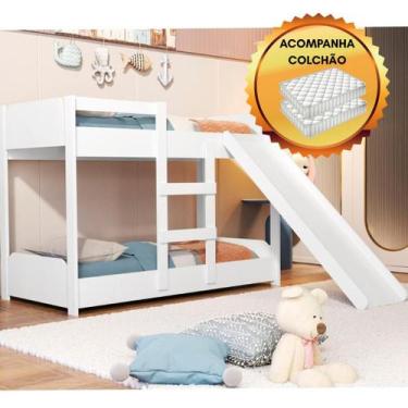 Imagem de Kit Quarto Para Crianças Mini Beliche Com Escorregador 2 Colchões Lado