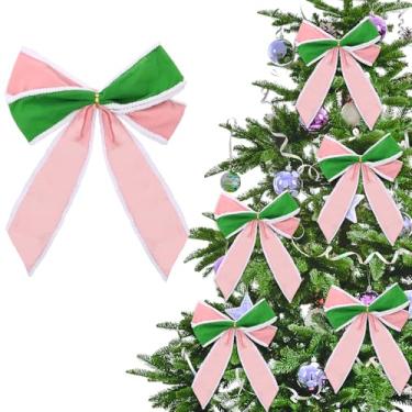 Imagem de Breling 12 peças de laços de Natal de veludo verde rosa 23 x 33 cm amarrados artesanais de fita de veludo laços de borda de rolo branco ornamentos para árvore de Natal artesanato guirlanda de porta de