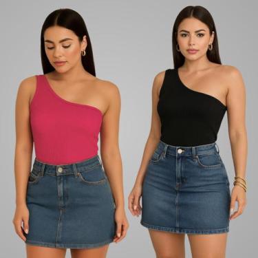 Imagem de Kit 2 Blusa Mula Manca Um Ombro So Basica Canelada Verão - Luau Brasil