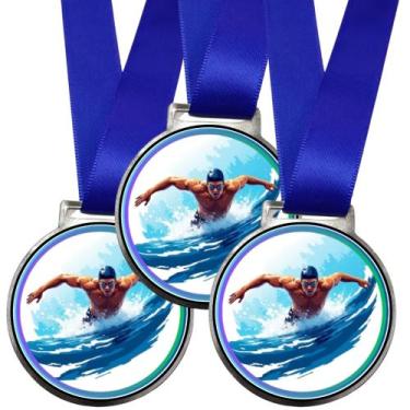 Imagem de Kit 50 Medalhas Para Campeão De Natação 35mm Com Fita Azul - Somedalha