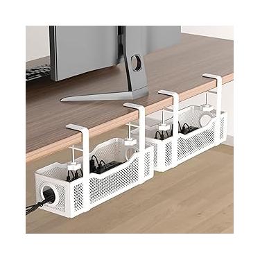 Imagem de Pacote com 2 bandejas de gerenciamento de cabos sob a mesa, caixa de gerenciamento de cabos sem broca com braçadeira para organização de fios, organizador de cabos para escritório, casa - sem danos à