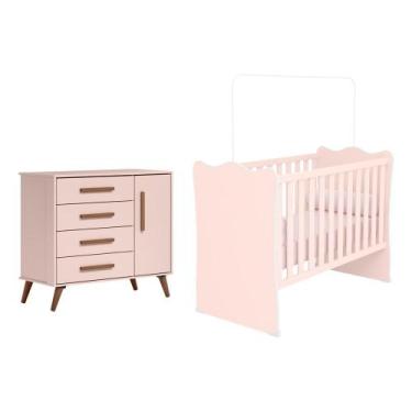 Imagem de Quarto Infantil Berço e Cômoda Sapateira Retrô 1P 4G Rosa - Qmovi
