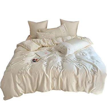 Imagem de Verão Princesa Vento Tencel Quatro Peças Bordado Floral Tridimensional Lençol de Cama de Cor Sólida Sedosa (Cor: Branco, Tamanho: 2 m) (Branco 2 m)