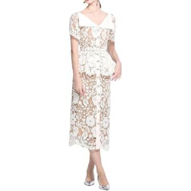 Imagem de Vestido De Renda Bordado Floral Feminino Manga Curta Botões De Lapela Festa Slim Vestidos Midi, 1, M