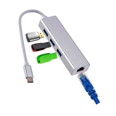 Imagem de Hub USB C tipo C 3.0 3 portas + adaptador RJ45 de alumínio - Lightbek 