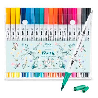 Imagem de Kit Marcador Maui 36 Cores Dual Tip Caneta Brush Aquarelável Para Lettering Desenho Caligrafia Ponta Pincel E Fina Profissional Tinta À Base de Água