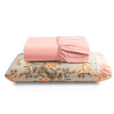 Imagem de Jogo Cama Lençol Fiore Solteiro Estampado 180 Fios 100% Algodão Com Babadinho 2 Peças Salmão Floral