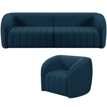 Imagem de Kit Sofá 5 Lugares Para Sala de Estar 332 cm Com 01 Poltrona Lazio M03 Veludo Azul - Lyam Decor