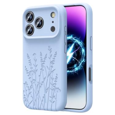 Imagem de OAOA Capa gravada magnética compatível com iPhone 17 Pro Max, compatível com Magsafe, proteção completa para câmera, capa de telefone fina de silicone líquido para mulheres e meninas, flor azul bebê