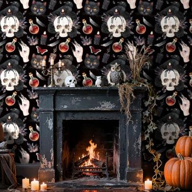 Imagem de ReWallpaper Papel de parede gótico descasque e cole o papel de parede de caveira de Halloween e gato preto 48 cm × 3 m