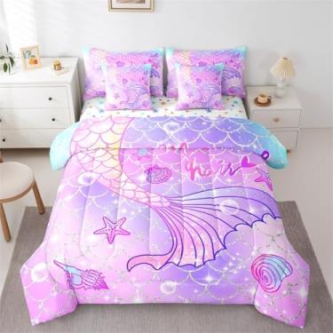 Imagem de Feelyou Jogo de cama solteiro com estampa de sereia, arco-íris, roxo, cauda de sereia, 7 peças, escama de peixe brilhante, para todas as estações