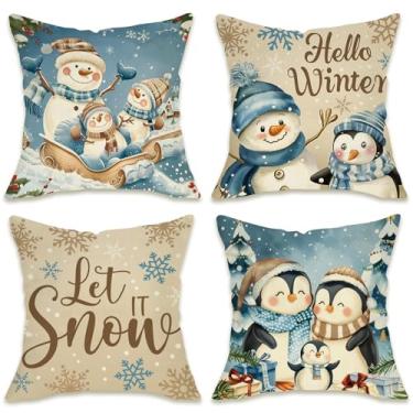 Imagem de Fahrendom Hello Winter Capas de almofada decorativas 45,7 x 45,7 cm, conjunto com 4, Let It Snow boneco de neve, pinguim, varanda, pátio, exterior, árvore de Natal, floco de neve, sazonal, sofá, capa