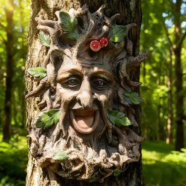 Imagem de Teaeeno Decoração de jardim com rosto de árvore encantadora, alimentadores de pássaros para ambientes externos, grande abraçador de árvore ao ar livre para Halloween, alimentador de animais engraçado