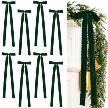 Imagem de Glitinsel 8 peças de laços de Natal de veludo, pré amarrados, feitos à mão, com franjas, laços de fita de veludo, artesanato rústico, embrulho de presente para guirlanda de Natal, guirlanda de escada