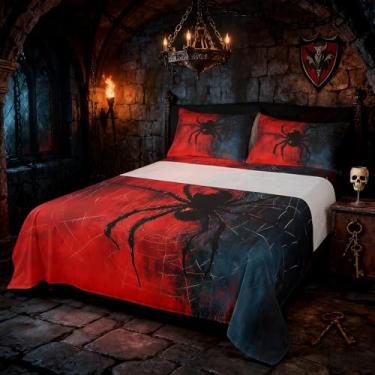 Imagem de Jogo de lençol solteiro de aranha preta, teia de aranha aracnídea, inseto aracnídeo, decoração de quarto de meninos, meninas, mulheres, homens, decoração de quarto retrô, 3 peças (lençol + 1 fronha)