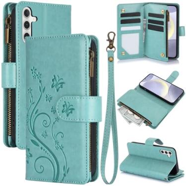 Imagem de Capa carteira para Samsung Galaxy A15 4G/5G, couro sintético e TPU à prova de choque, 6 compartimentos para cartões/compartimento para dinheiro/bolso com zíper, fecho magnético, alça de pulso