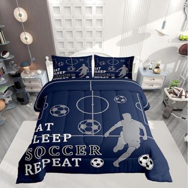 Imagem de Castle Fairy Conjunto de edredom de futebol, bola esportiva, azul marinho, decoração de quarto de adultos, campo de futebol, microfibra ultramacia, enchimento interno, 3 peças, tamanho Queen
