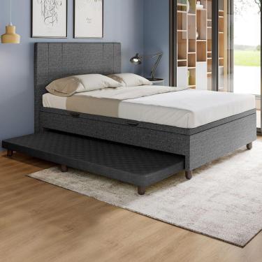 Imagem de Base Cama Baú Casal Com Cama Auxiliar C/colchão Conjugado Linho - Skybox Cor Preto