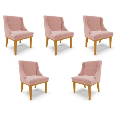 Imagem de Kit 5 Cadeiras Decorativas Sala De Jantar Base Fixa De Madeira Firenze Veludo Rose/castanho G19