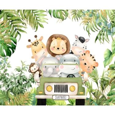Imagem de Yeele Pano de fundo de animais da floresta tropical de 3 x 2,4 m para chá de bebê, selva, safári, desenho animado, caminhão, um aniversário, para meninos, festa de aniversário, decoração de chá de