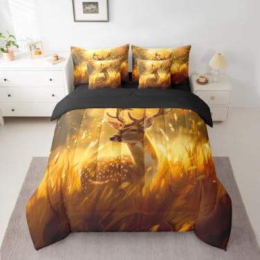 Imagem de Feelyou Jogo de cama king size fofo de veado, chifres de animais selvagens, animais selvagens, decoração de quarto com edredom, conjunto de lençol e fronhas